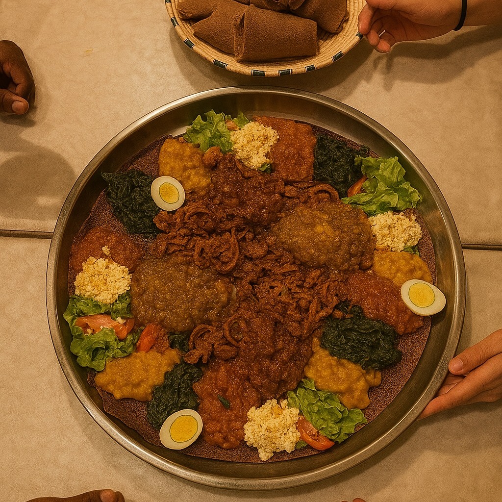 Flavorful Ethiopian tibs and traditional meat platter at Makda Restaurant Geneva