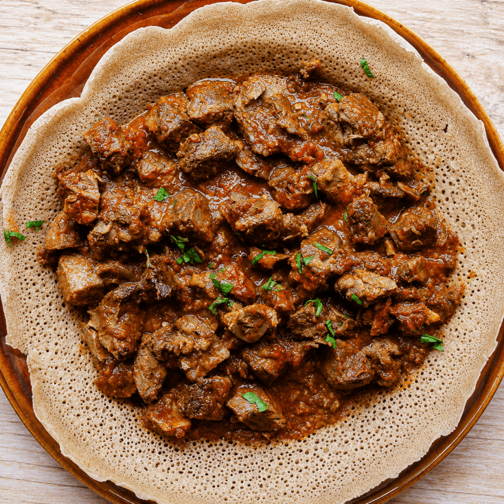 Authentic Ethiopian lamb tibs served on injera with rich spices and traditional homemade sauce at Abugida Restaurant in Neuchâtel