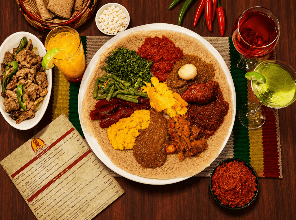 Family-style Ethiopian and Eritrean sharing platter with injera, meat stews, vegetables, eggs, and traditional homemade dishes at Abyssinia Lausanne