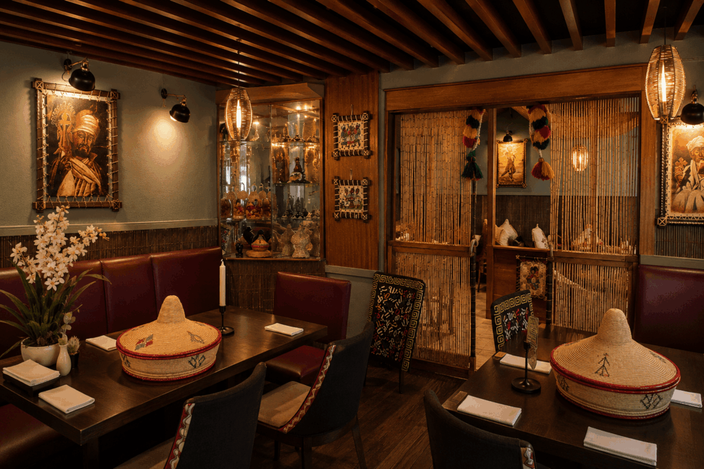 Warm and elegant Ethiopian and Eritrean restaurant interior featuring traditional Habesha décor and authentic cultural dining atmosphere in Lausanne