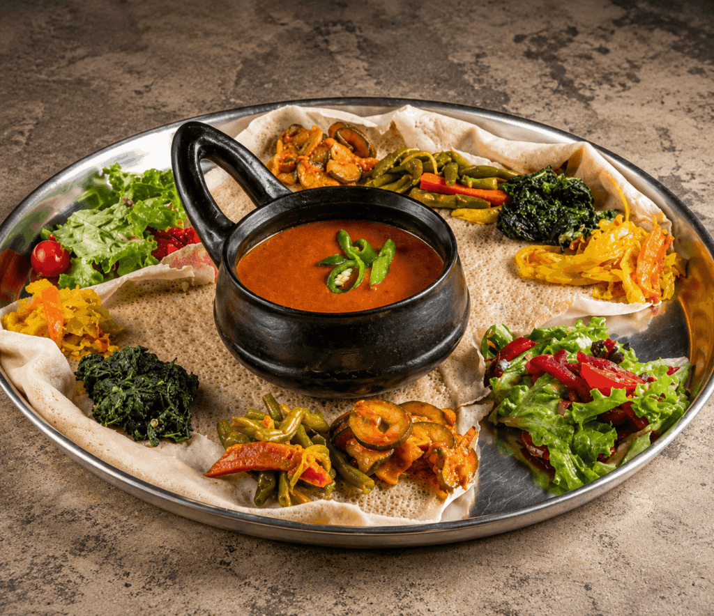 Authentic Ethiopian and Eritrean vegetarian platter featuring injera, fresh vegetables, lentils, greens, and traditional East African specialties