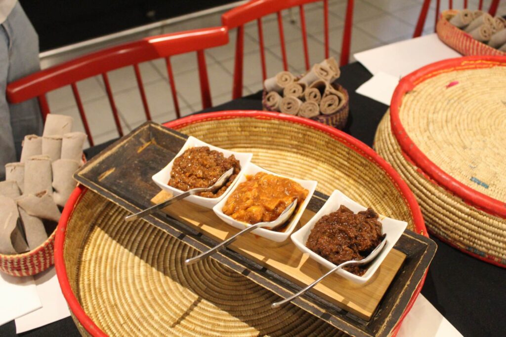 Selection of homemade Ethiopian and Eritrean sauces served with fresh injera bread at Abyssinia Restaurant Neuchâtel