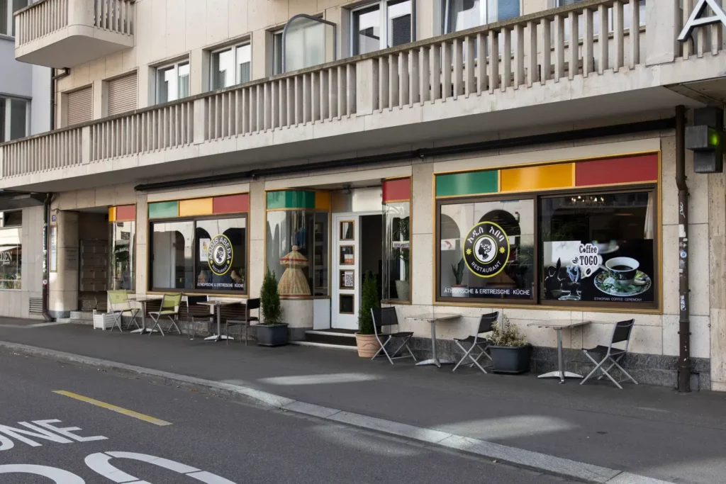Exterior entrance and storefront of Addis Abeba Ethiopian Restaurant located in Zürich, Switzerland