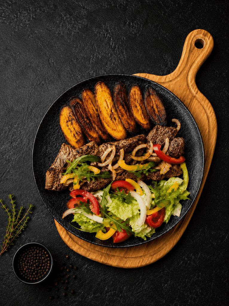 African beef dish with fried plantains and salad at Ébène Lounge Geneva