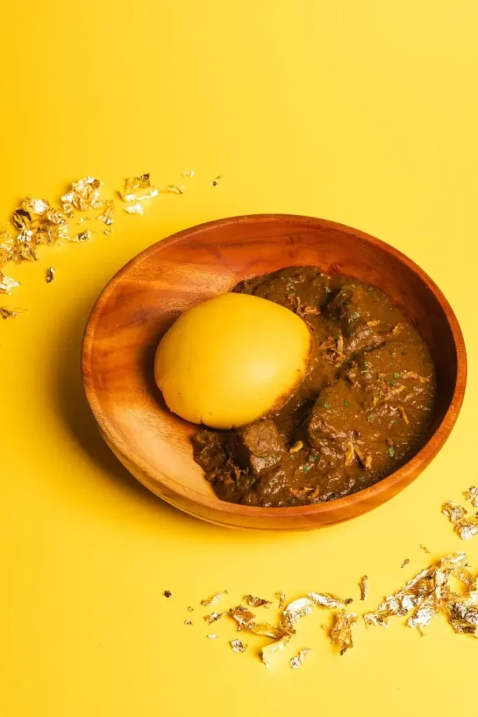African beef sauce served with traditional fufu at Afrogood African restaurant Lausanne