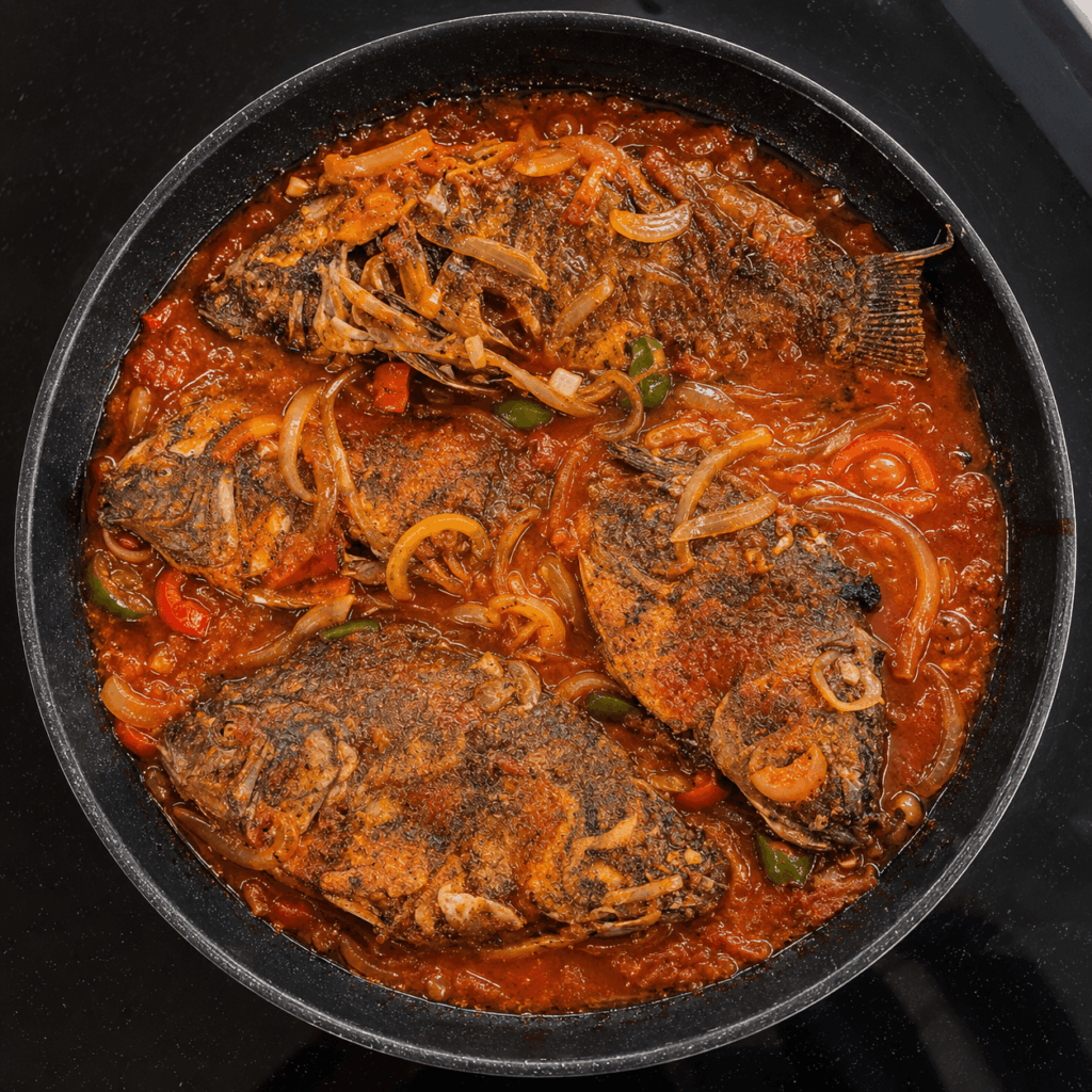 African braised fish cooked in spicy tomato sauce with onions and peppers