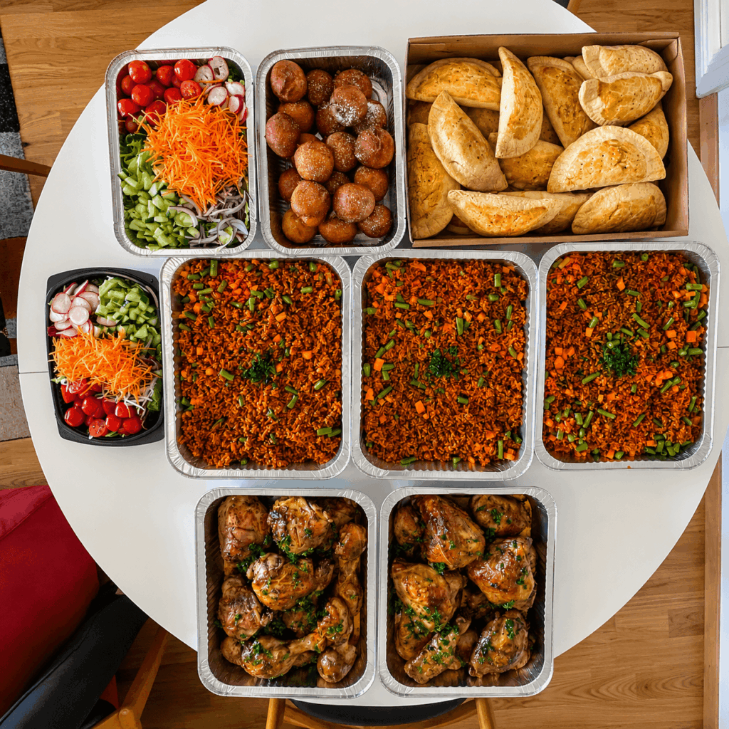 African catering service in Geneva offering Jollof rice, grilled chicken, homemade snacks, food boxes, and traditional African dishes for events and celebrations.