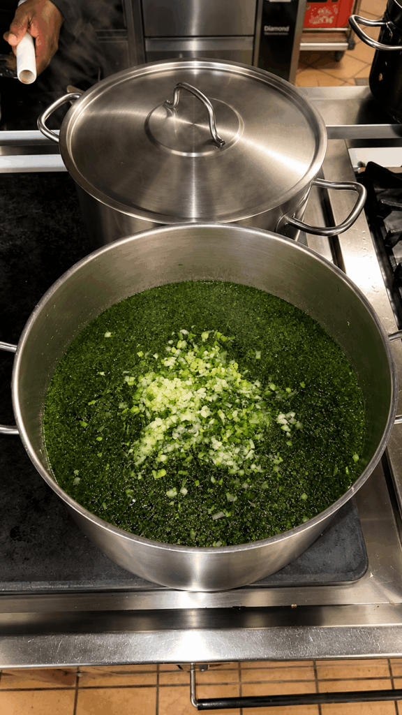 Traditional African green leaf soup being prepared in the kitchen at Chez Bonaventure restaurant