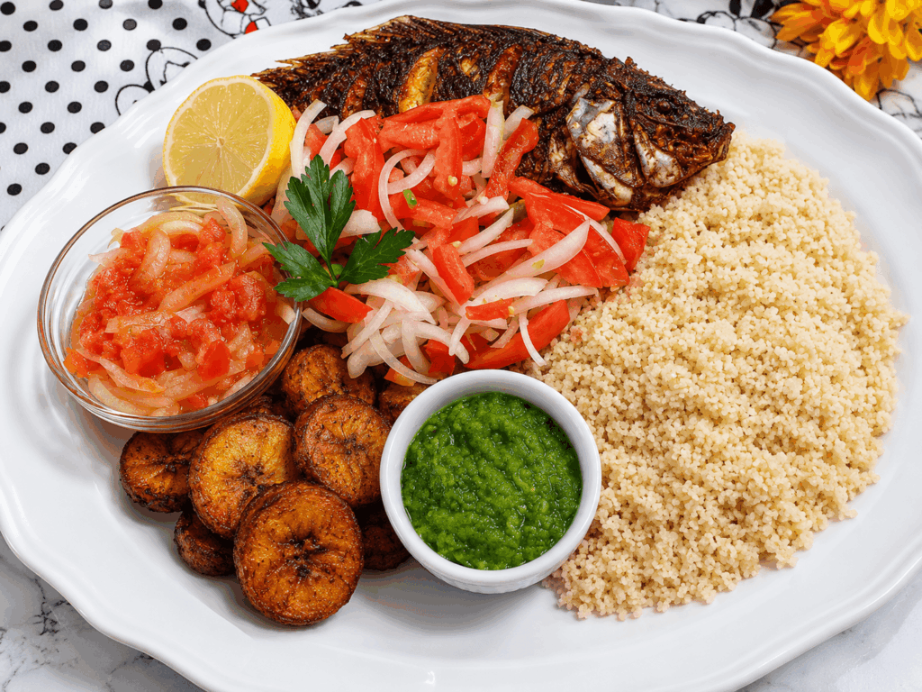 Authentic Ugandan grilled fish served with couscous, fried plantains, fresh salad, and African sauces at African Queen Zürich.