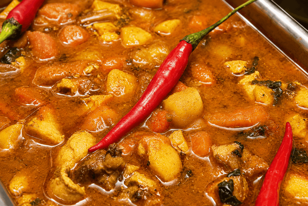 Traditional Ugandan African stew prepared with vegetables, spices, and homemade flavors at African Queen restaurant in Zürich.