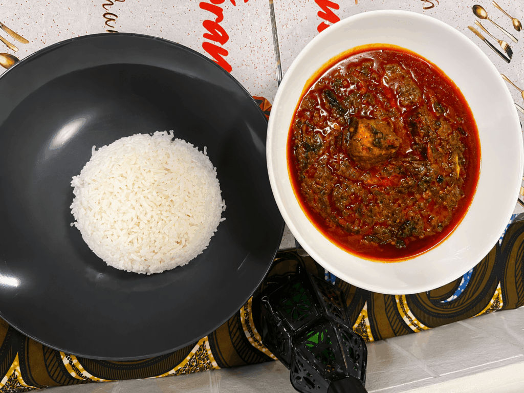 West African spinach sauce served with white rice at La Teranga Senegalese restaurant