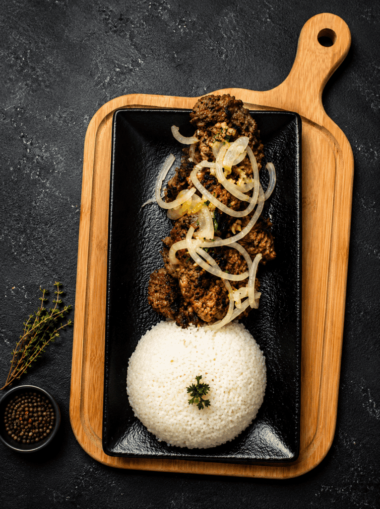 Afro-fusion grilled meat and rice dish at Ébène Lounge restaurant Geneva
