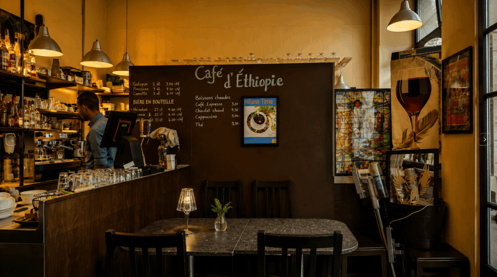 Warm Ethiopian-inspired restaurant interior and cultural atmosphere at Café d’Éthiopie