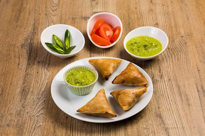 Vegan Ethiopian food samosa and lentil dishes at Awash Geneva