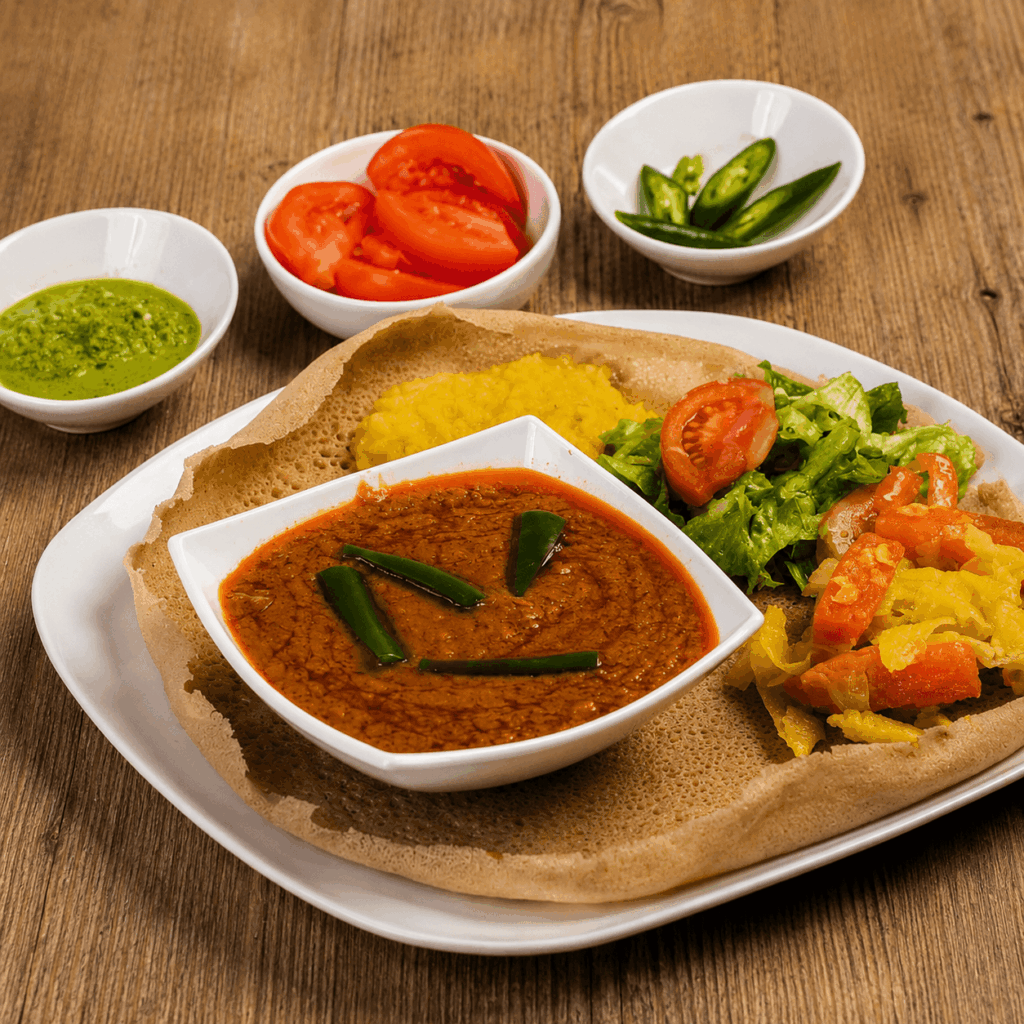 Authentic Ethiopian siro served with injera at Awash restaurant Geneva