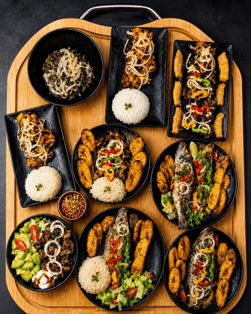Selection of Cameroonian and African dishes served at Ébène Lounge Geneva