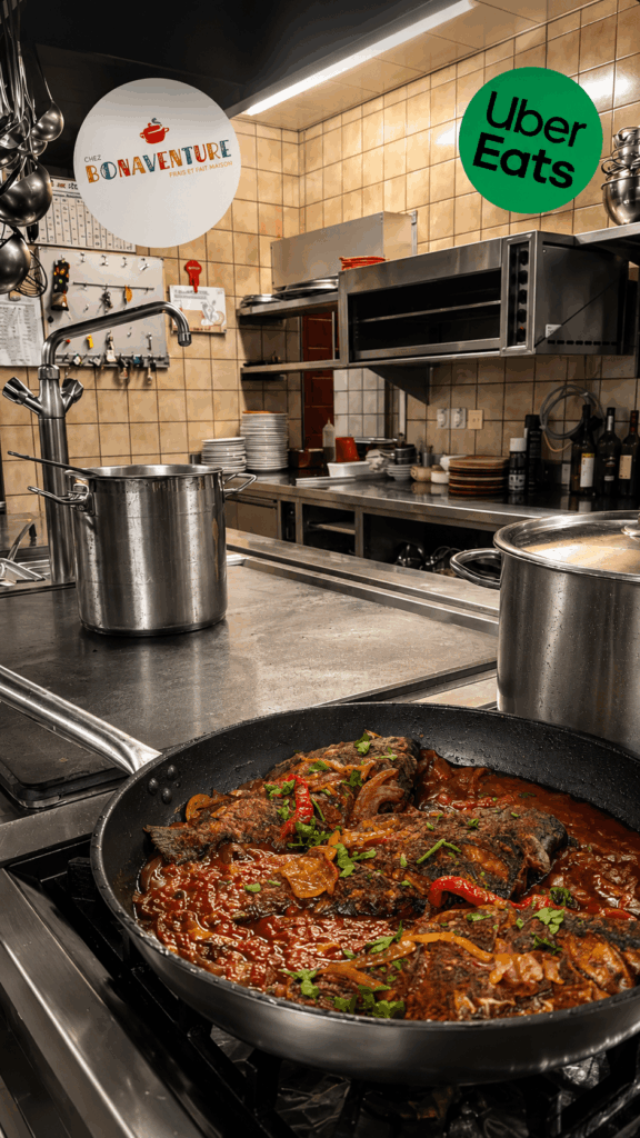 Professional kitchen preparing African cuisine at Chez Bonaventure restaurant in Lausanne