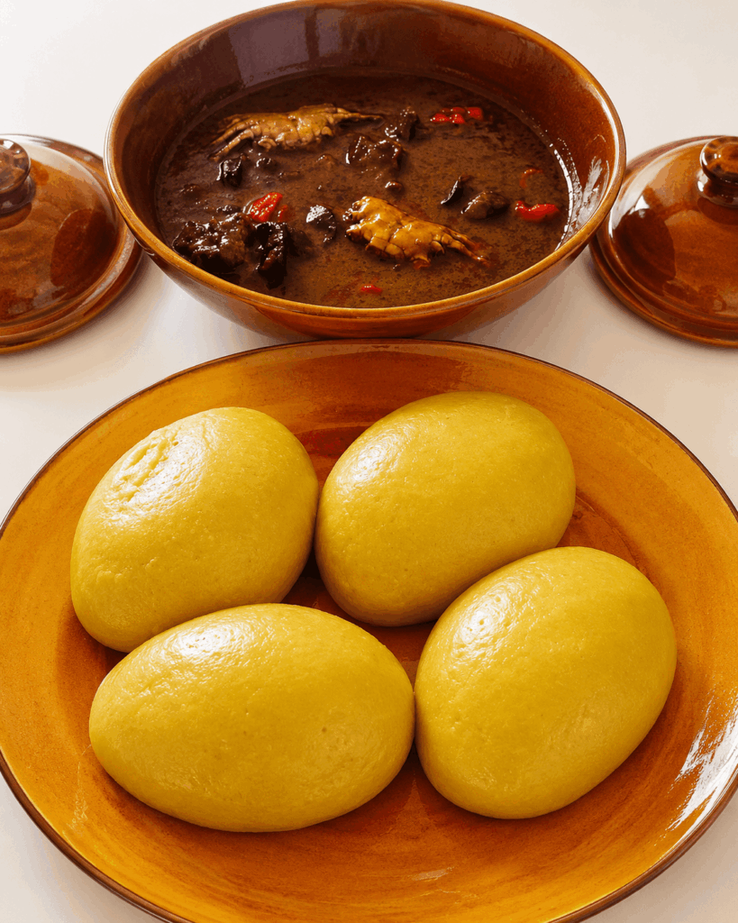 Traditional Cameroonian ndolé served with yellow fufu and meat at Cook-Yamo African catering service.