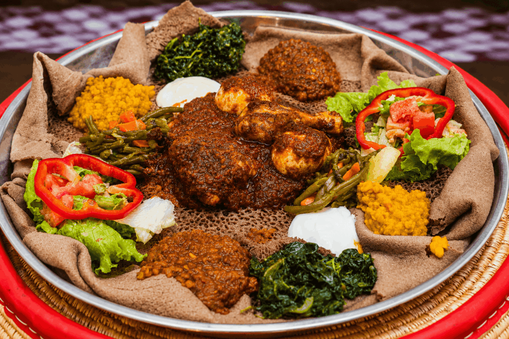 Authentic Doro Wat chicken platter with injera, vegetables, lentils, and traditional Ethiopian spices at Ge’ez Restaurant