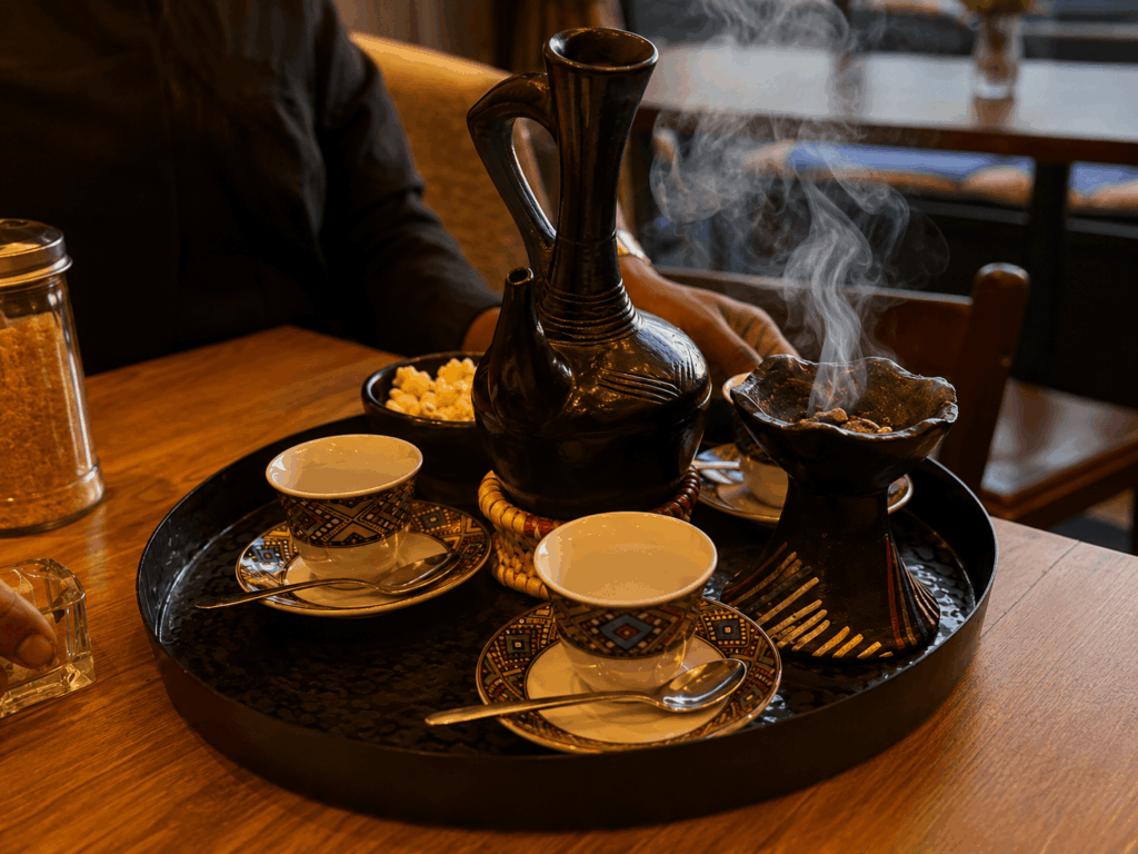 Traditional Ethiopian coffee ceremony at Café d’Éthiopie restaurant in Geneva
