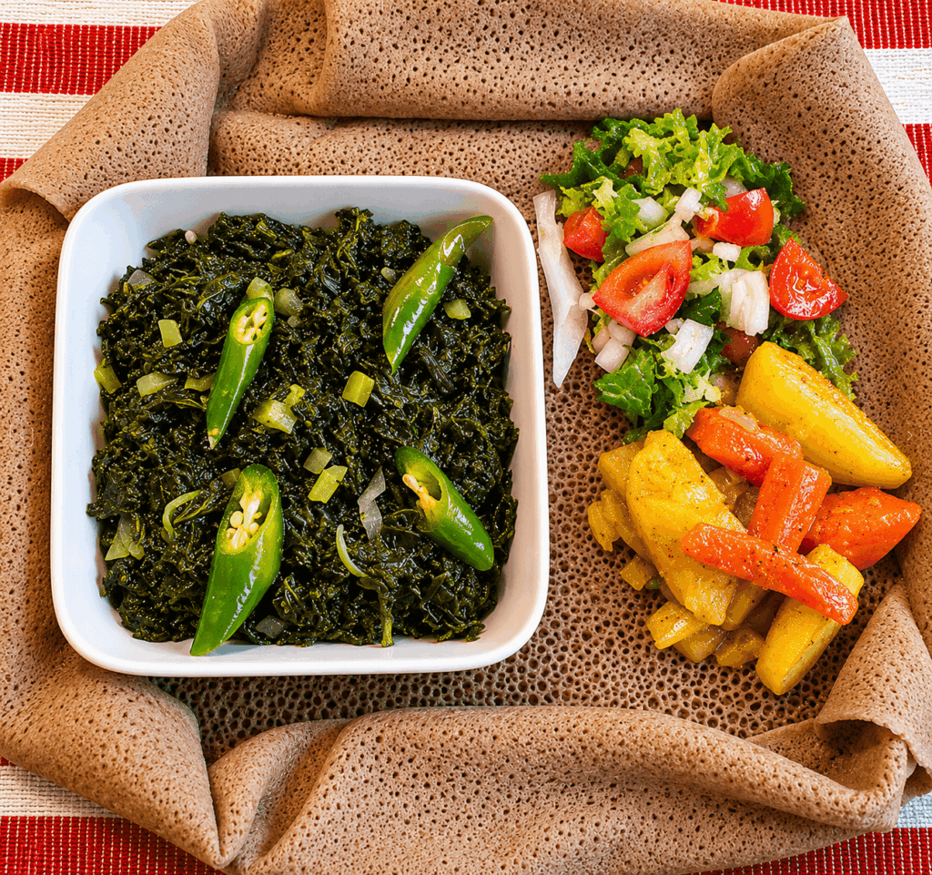 Traditional Ethiopian injera platter served at Café d’Éthiopie restaurant in Geneva