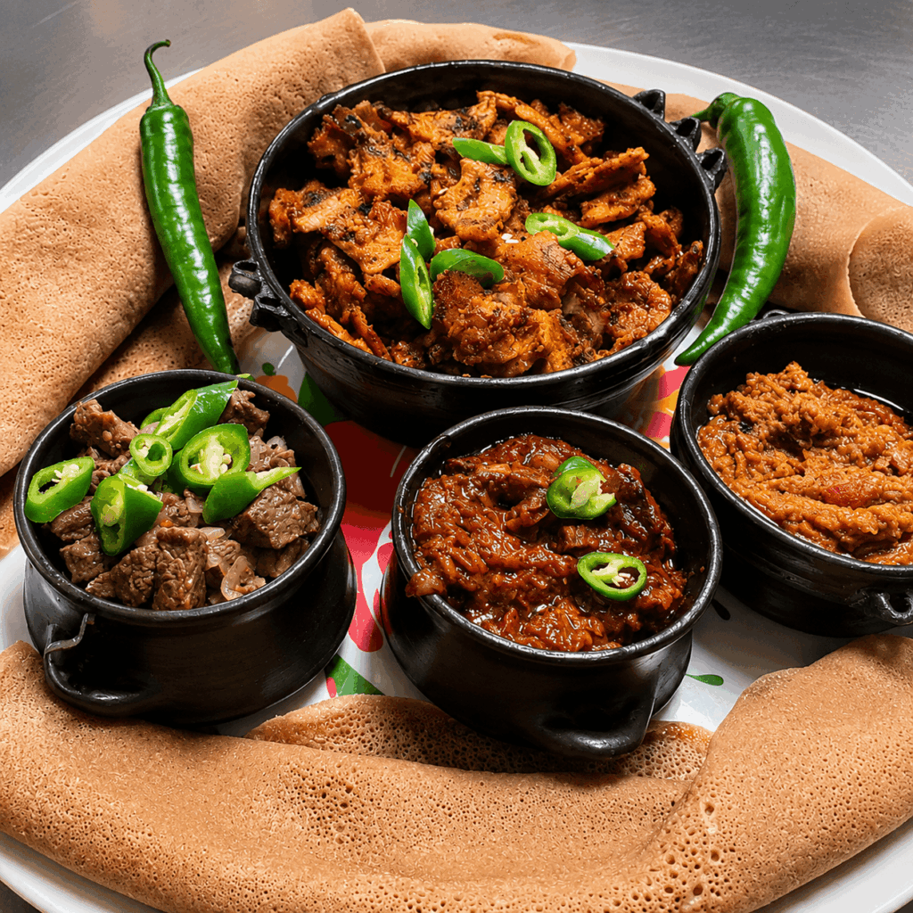 Ethiopian tibs and misir wot platter with traditional injera and fresh vegetables at Senay Restaurant.
