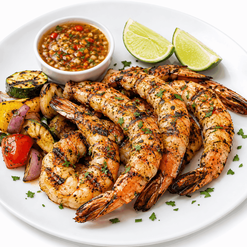 Grilled jumbo prawns served with vegetables and homemade sauce at Restaurant Mama Africa Ndoumbélane