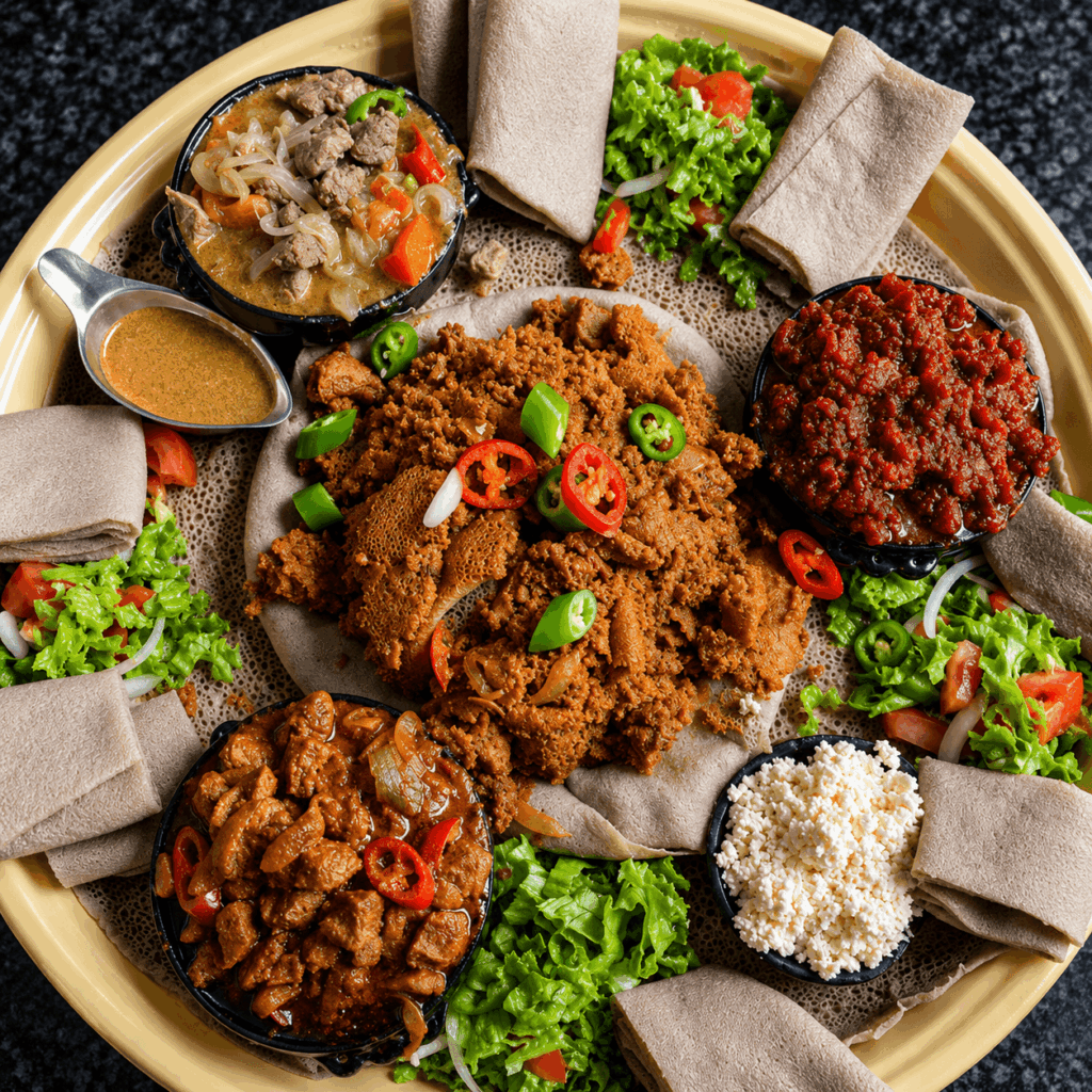 Traditional East African cuisine and Authentic Ethiopian and Eritrean sharing platter with injera, spicy meat dishes, salads, and homemade specialties at Gebeta Basel