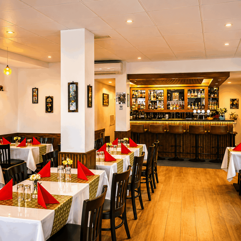Elegant interior dining area of Gebeta Ethiopian and Eritrean Restaurant in Basel with warm African-inspired atmosphere