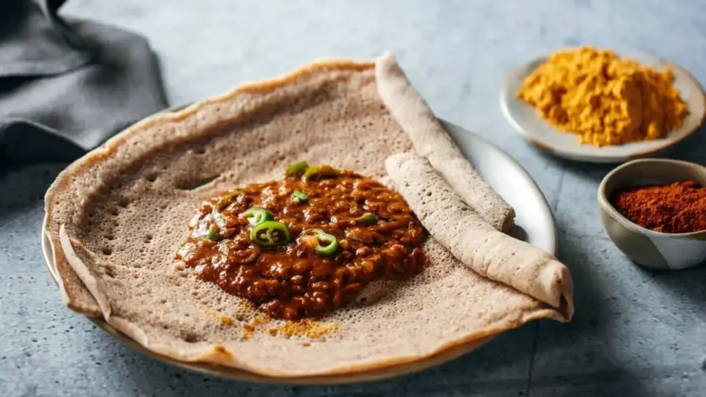 Authentic Ethiopian injera bread served with traditional East African lentil stew and spices at Habesha Restaurant Zürich