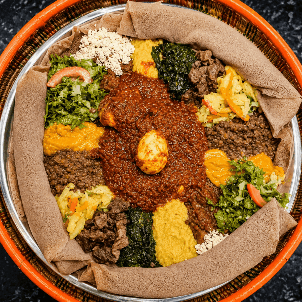 Traditional Ethiopian injera platter with meat, lentils, vegetables, and authentic East African spices at Habesha Restaurant Zürich