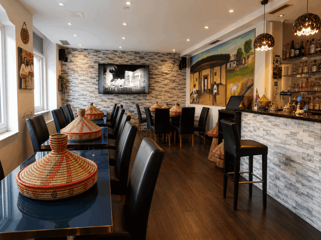 Interior of Habesha Restaurant Zürich with authentic Ethiopian and Eritrean decor and dining atmosphere