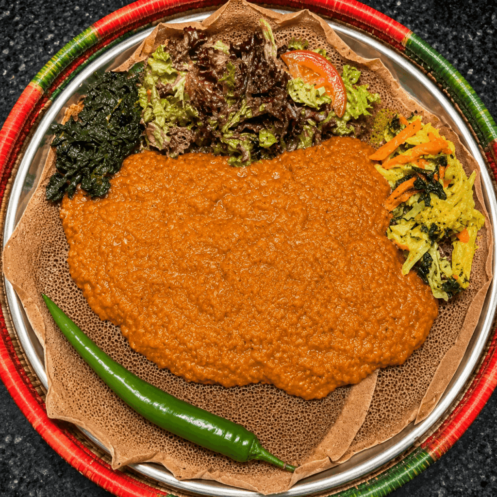 Traditional shiro served with injera and Ethiopian spices at Habesha Restaurant Zürich