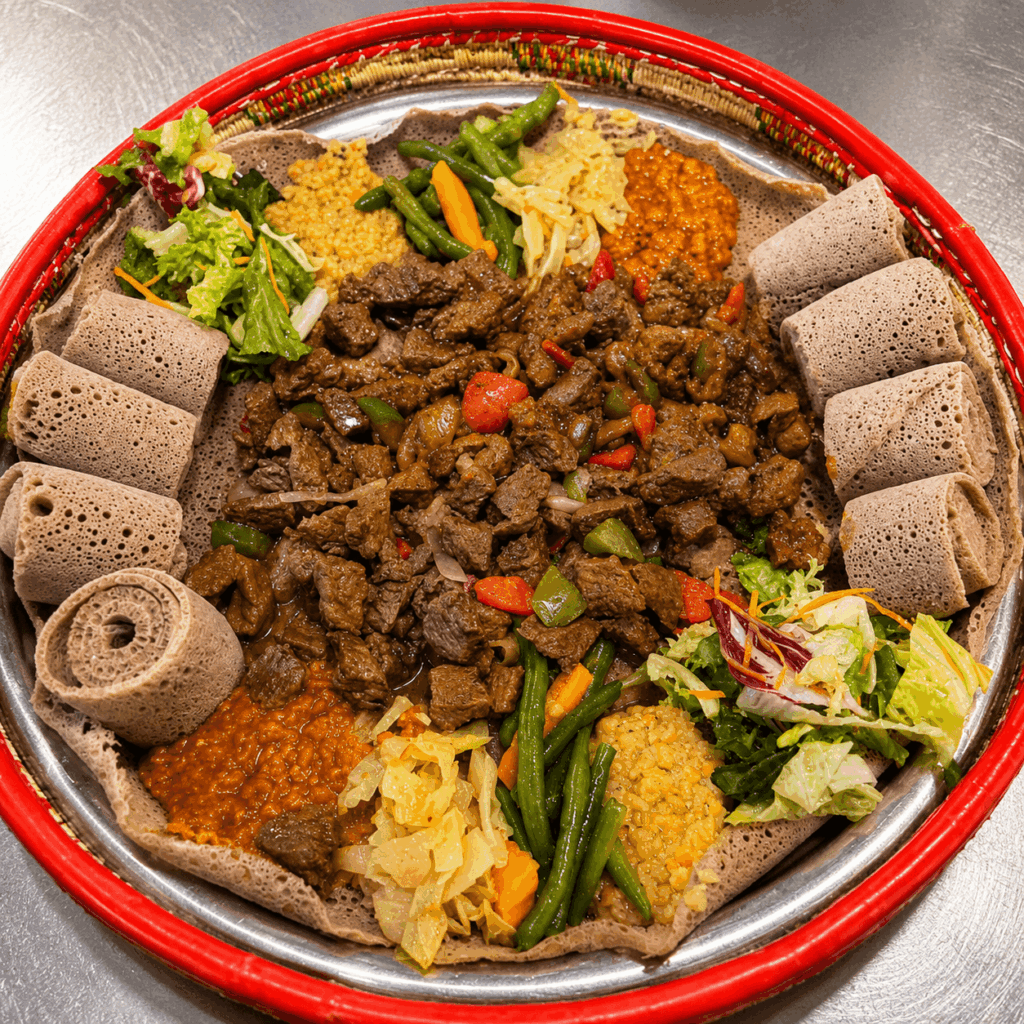 Authentic Eritrean mixed platter with injera, lentils, beef tibs, vegetables, and fresh salads at Helen Eritrean Lounge