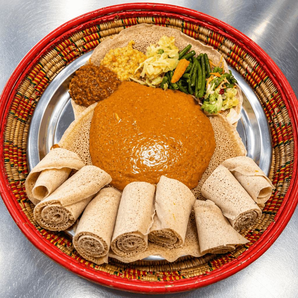 Traditional Eritrean shiro served with homemade injera and vegetable sides at Helen Eritrean lounge restaurant Switzerland