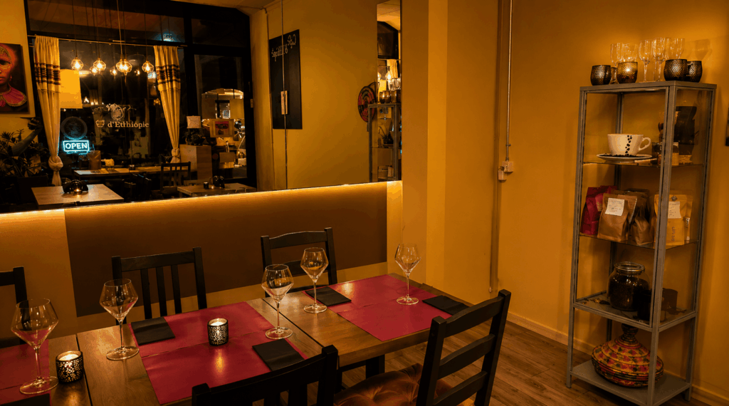 Elegant Eritrean restaurant dining area at Hidmona Geneva