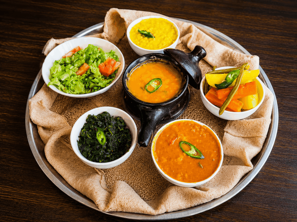 Vegetarian Ethiopian and Eritrean injera platter with lentils, vegetables, and salads at Ge’ez Restaurant in Lausanne