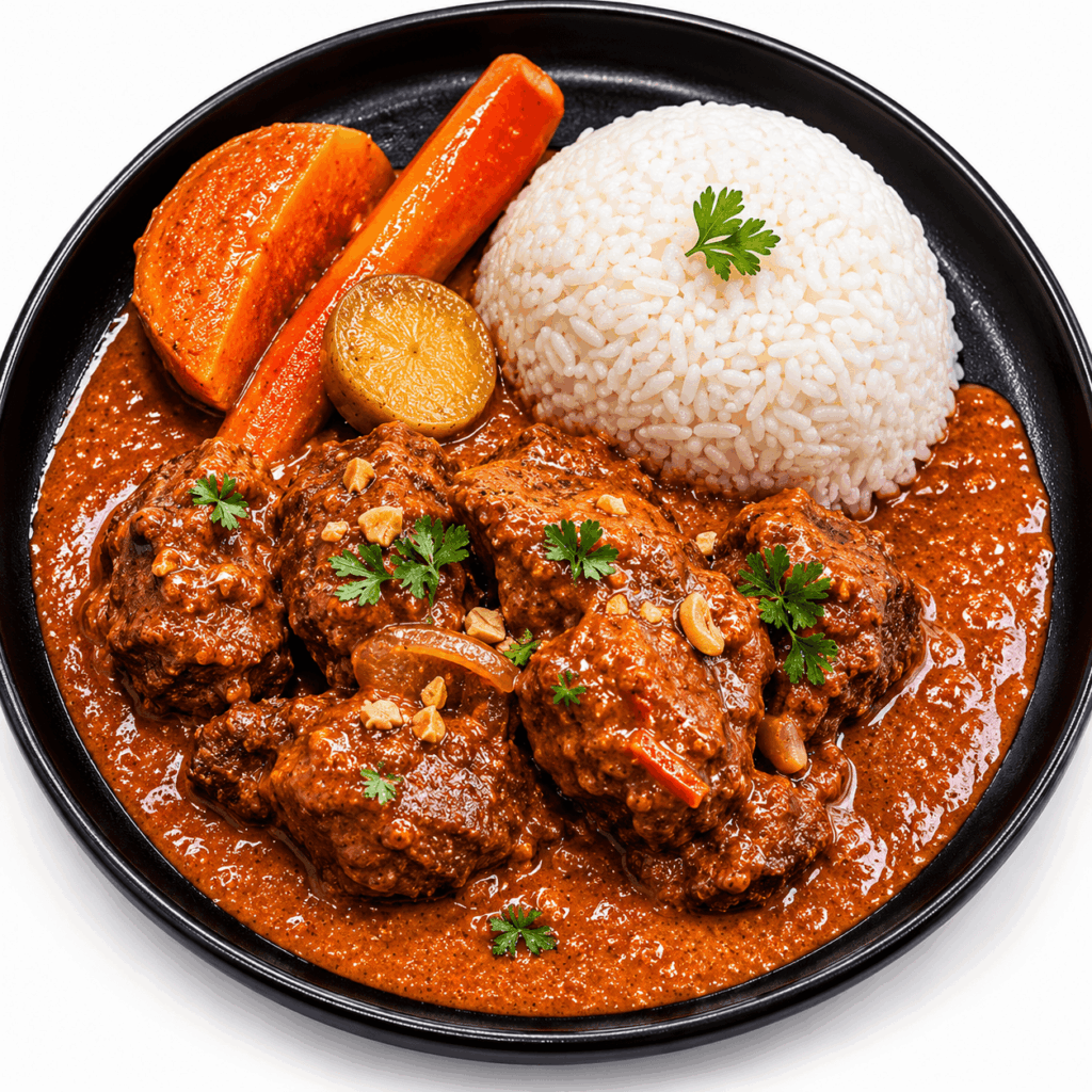 Authentic Senegalese Mafé prepared with tender beef, peanut sauce, rice, and vegetables at Restaurant Mama Africa Ndoumbélane