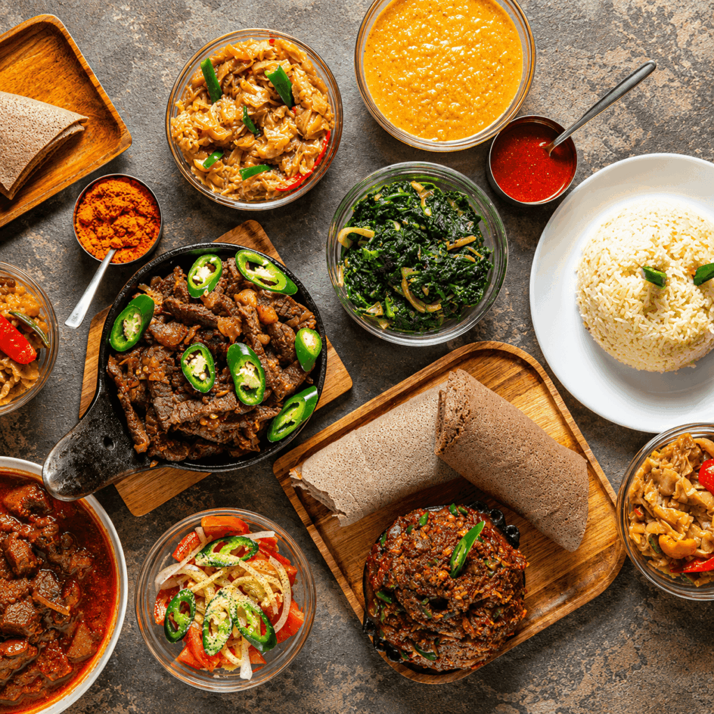 election of authentic Ethiopian and Eritrean dishes served with injera, rice, vegetables, and traditional East African flavors