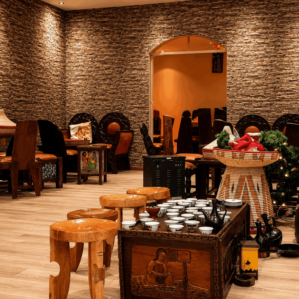 Warm and authentic interior dining area of Mercato Restaurant Switzerland | Authentic Eritrean & Ethiopian Cuisine with traditional East African decor and coffee ceremony setup