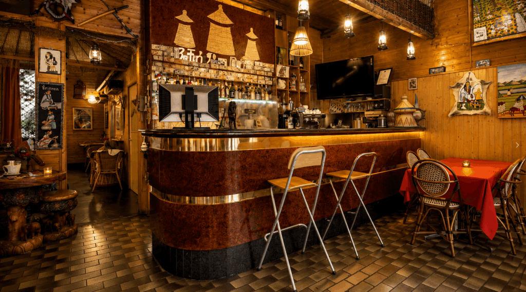 Cozy interior of Restaurant Meskerem Ethiopian restaurant in Geneva