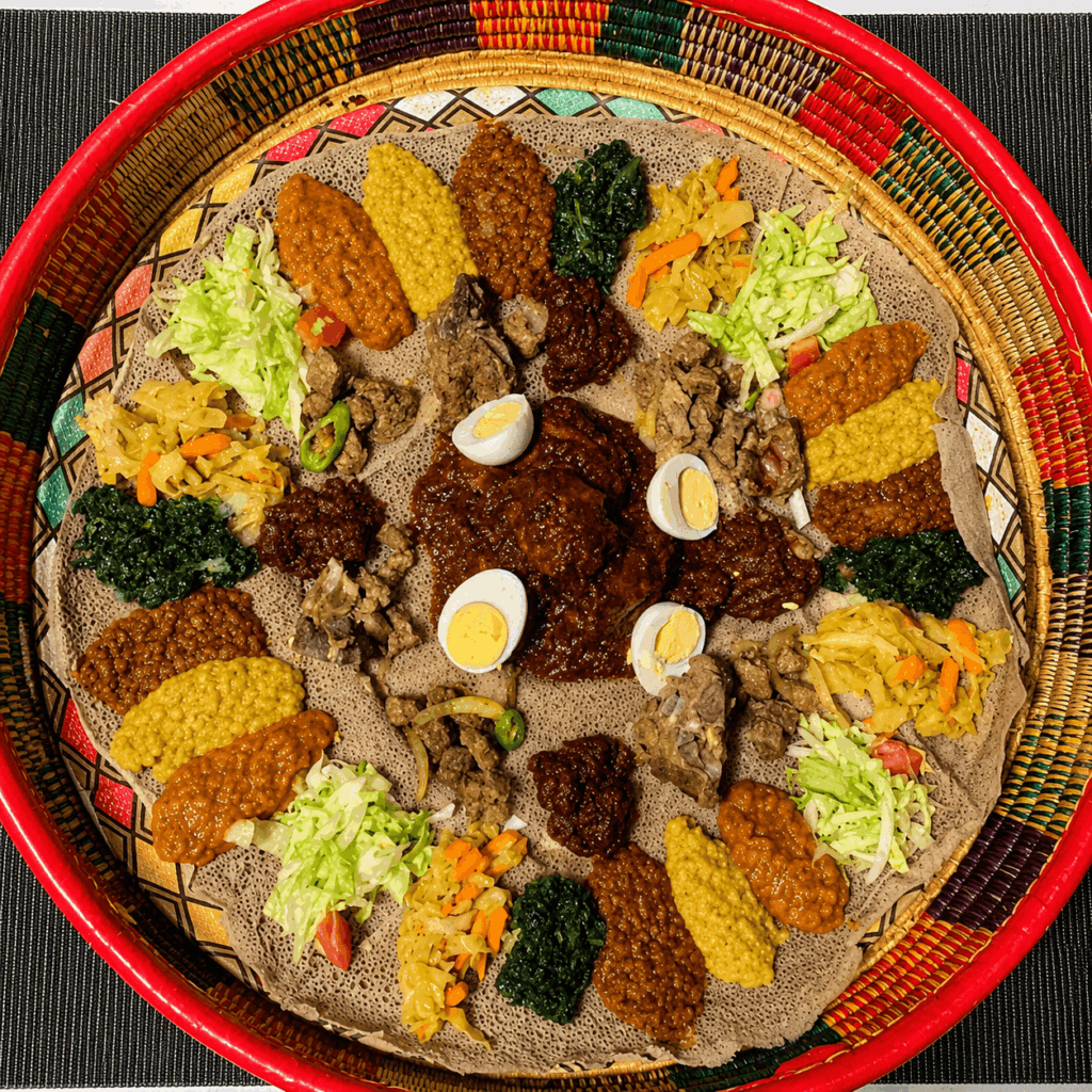 Authentic Habesha family-style injera platter with Ethiopian and Eritrean specialties served at Mesob Zürich
