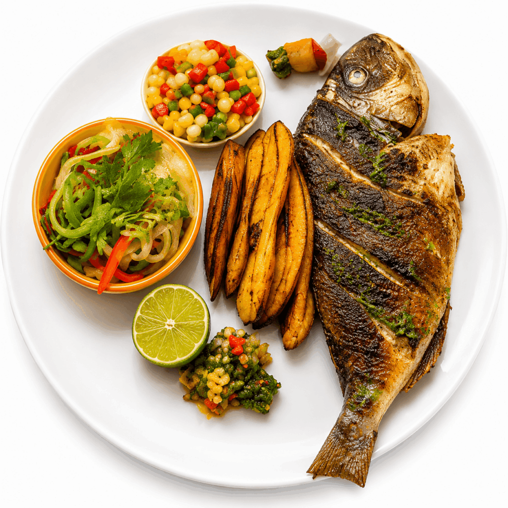 Traditional African grilled fish (Poisson Braisé) served with fried plantains, fresh salad, and vegetables at Restaurant Mama Africa Ndoumbélane