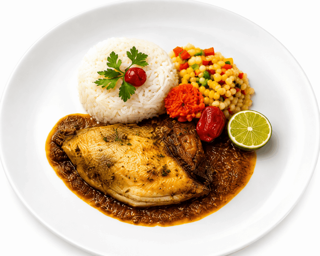 Traditional Senegalese Poulet Yassa served with rice and onion sauce at Restaurant Mama Africa Ndoumbélane