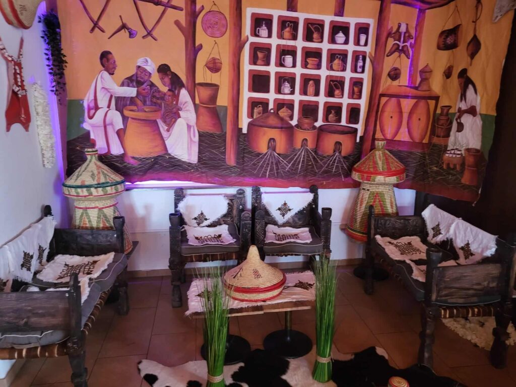 Authentic Eritrean cultural interior and traditional décor inside Raena restaurant in Lucerne Switzerland