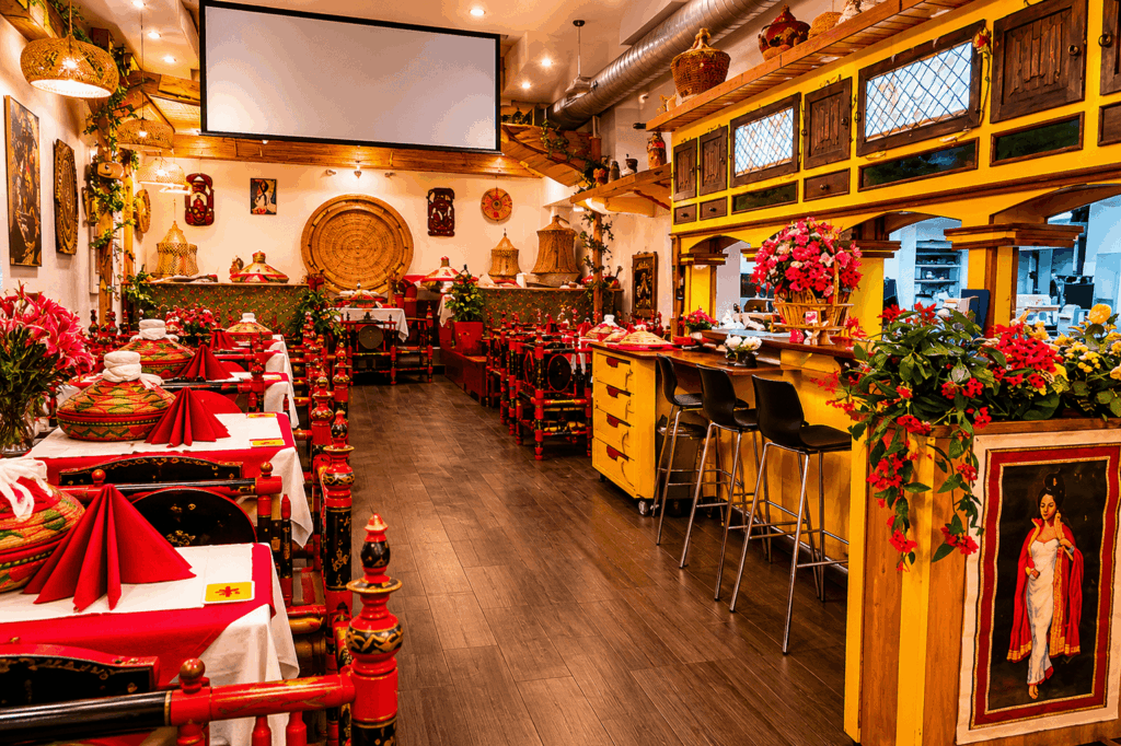Restaurant Marathon authentic Eritrean and Ethiopian restaurant interior featuring traditional Habesha décor, warm dining atmosphere, and cultural East African hospitality in Switzerland