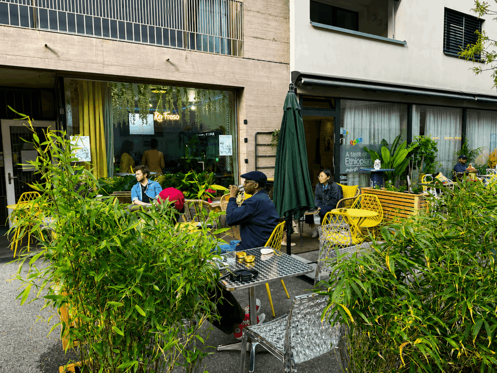 Outdoor terrace dining area at Rio Fresco du Sénégal restaurant in Geneva