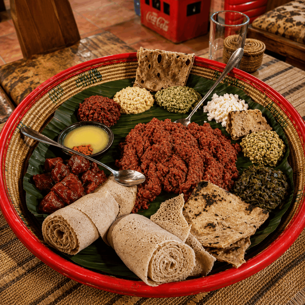 Traditional Ethiopian kitfo platter with homemade cheese, gomen, ayib, and injera at Savanna Eritrean & Ethiopian Restaurant