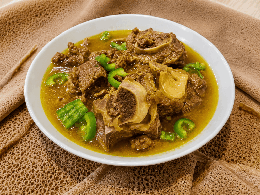 Authentic Ethiopian lamb stew with green chili served on injera bread at Savanna Eritrean & Ethiopian Restaurant Switzerland