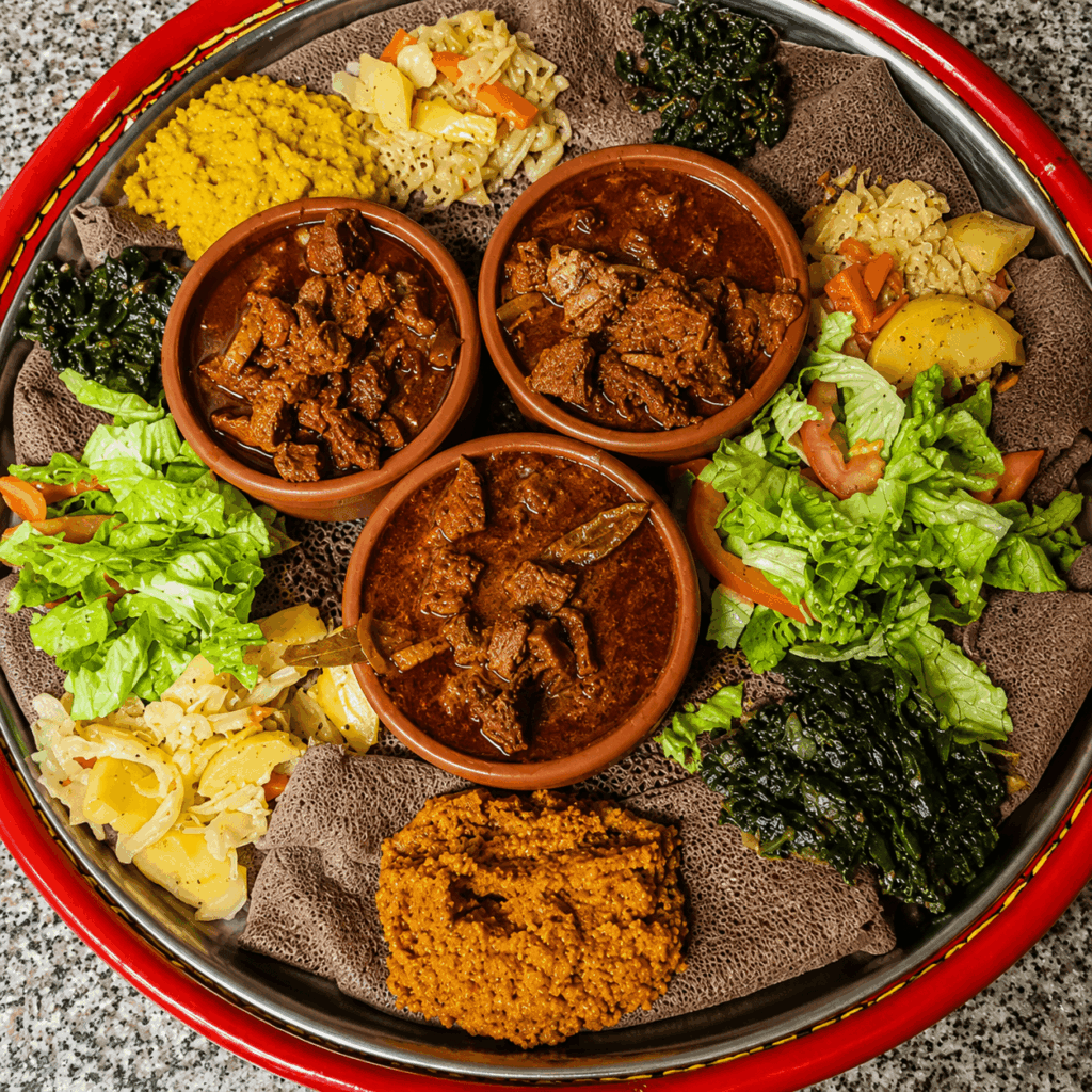Authentic Ethiopian beef tibs with spices and injera at Senay Ethiopian and Eritrean Restaurant in Aarau